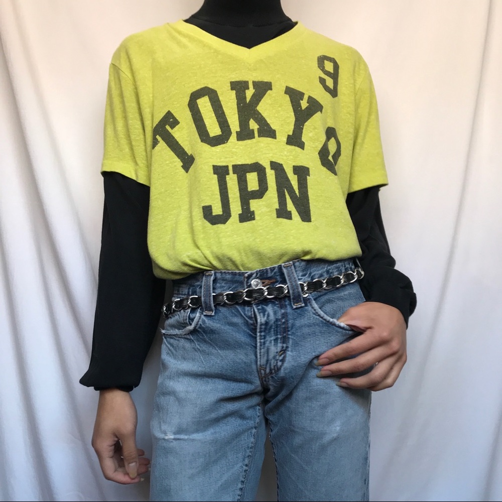 Aeropostale TOKYO JPN Neon Yellow Graphic V-neck